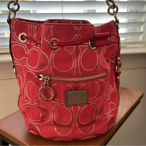 Coach Poppy Bucket Bag Canvas Red Monogram - Picture 5 of 13